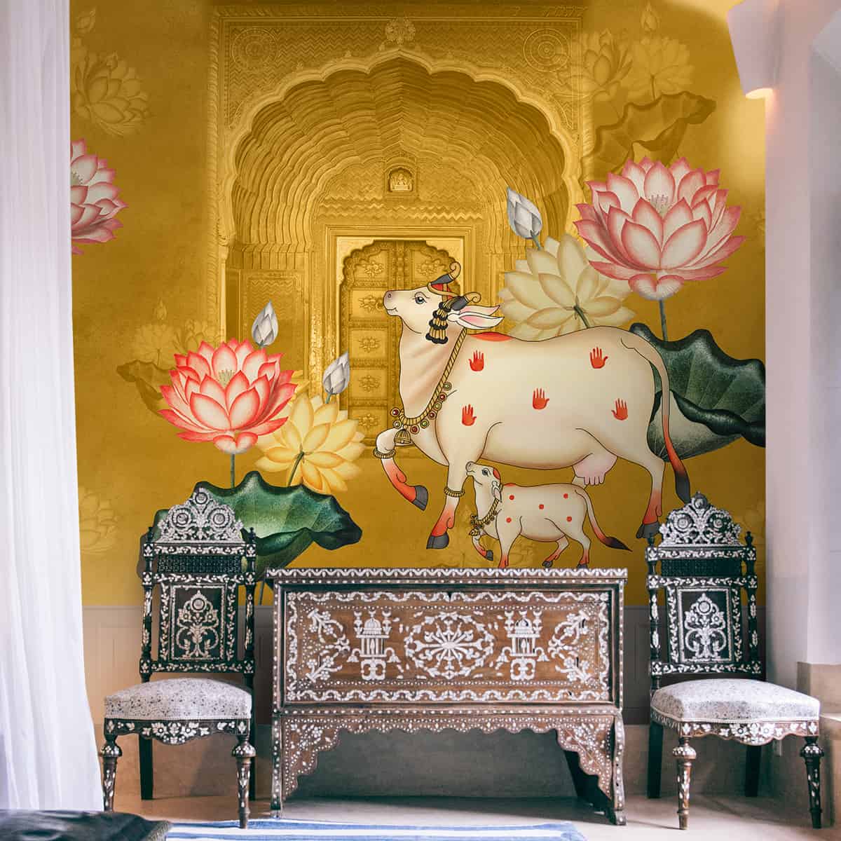 Product Application image of Brown Handmade Pichwai Style Abstract look Wallpaper in Living Room